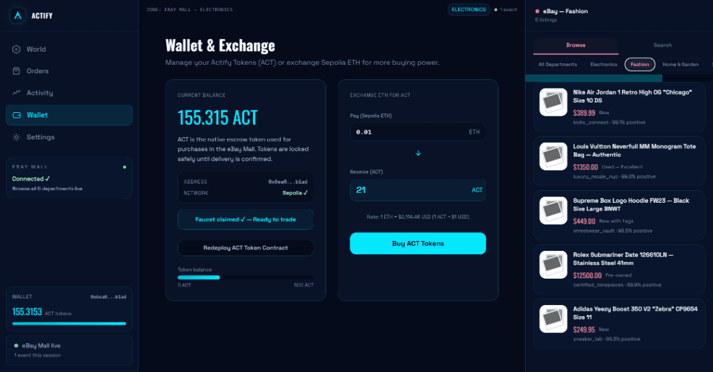 Actify wallet dashboard showing ACT balance and Sepolia exchange panel