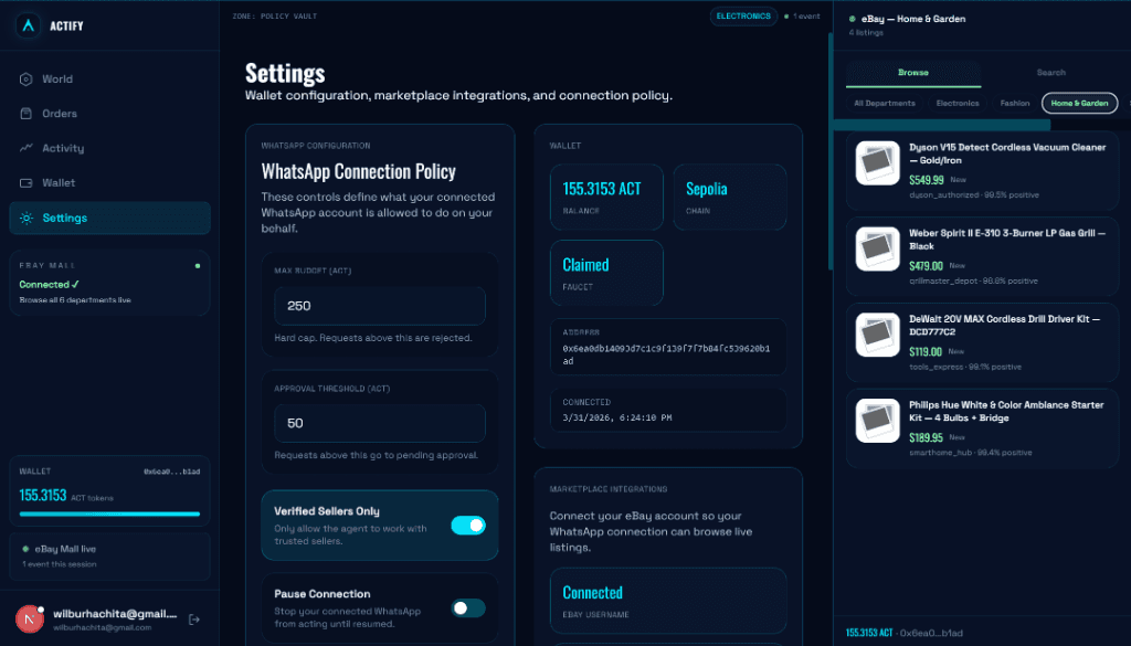 Actify settings dashboard showing WhatsApp policy controls and marketplace integrations